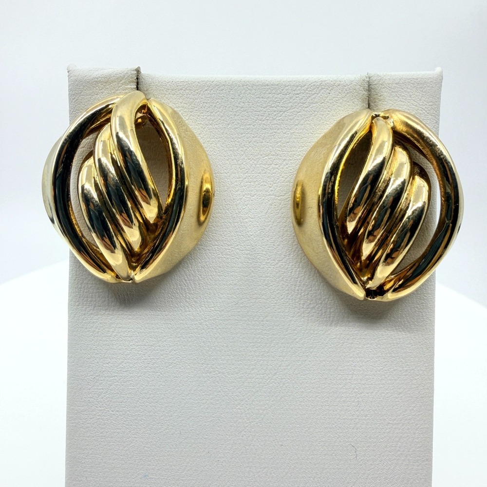 Vintage Gold Tone Chunky Twisted Ribbon Oval Statement Post Earrings